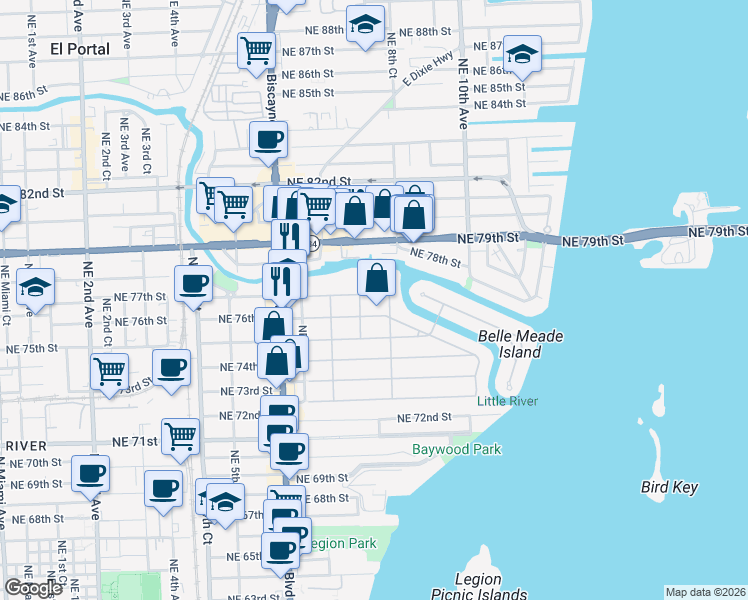 map of restaurants, bars, coffee shops, grocery stores, and more near 750 Northeast 76th Street in Miami
