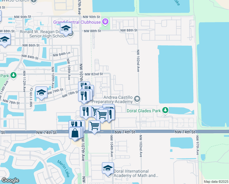 map of restaurants, bars, coffee shops, grocery stores, and more near 7855 Northwest 104th Avenue in Doral