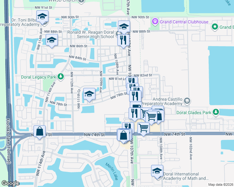 map of restaurants, bars, coffee shops, grocery stores, and more near 7800 Northwest 78th Street in Doral