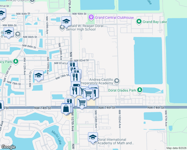 map of restaurants, bars, coffee shops, grocery stores, and more near 7814 Northwest 104th Court in Doral