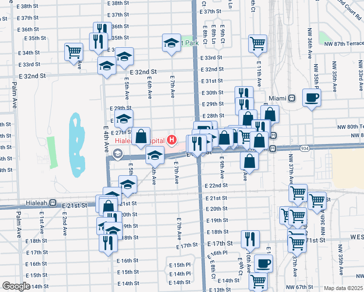 map of restaurants, bars, coffee shops, grocery stores, and more near 651 Florida 934 in Hialeah
