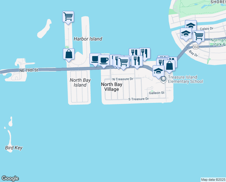 map of restaurants, bars, coffee shops, grocery stores, and more near 7508 Adventure Avenue in North Bay Village