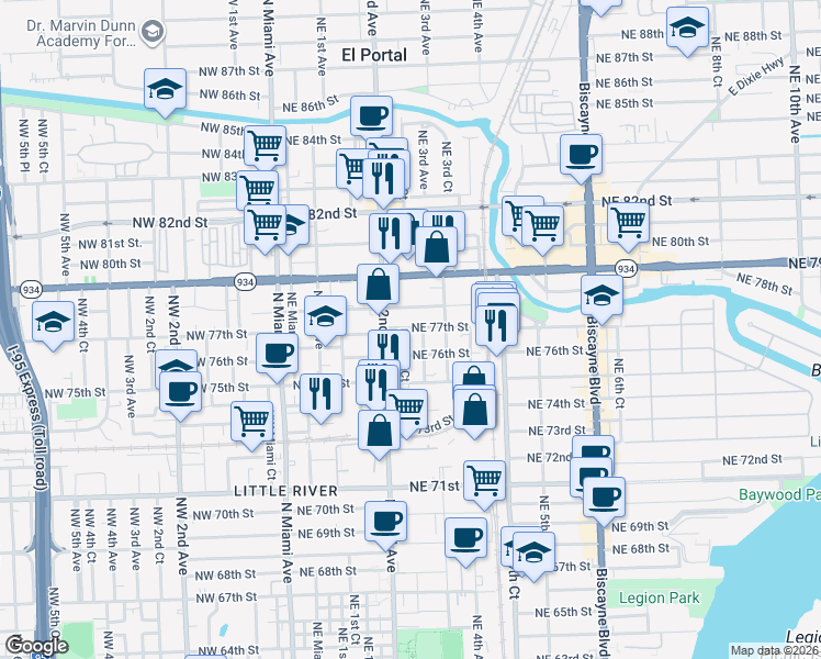 map of restaurants, bars, coffee shops, grocery stores, and more near 259 Northeast 76th Street in Miami