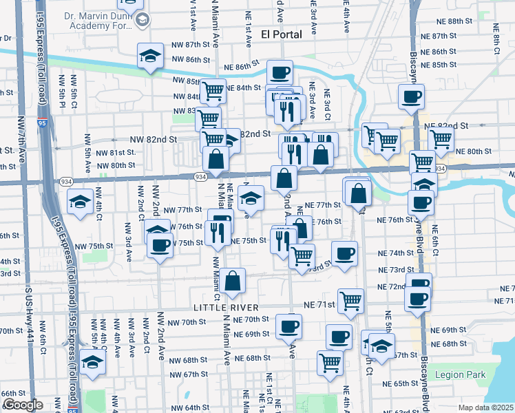 map of restaurants, bars, coffee shops, grocery stores, and more near 7550 Northeast 1st Court in Miami