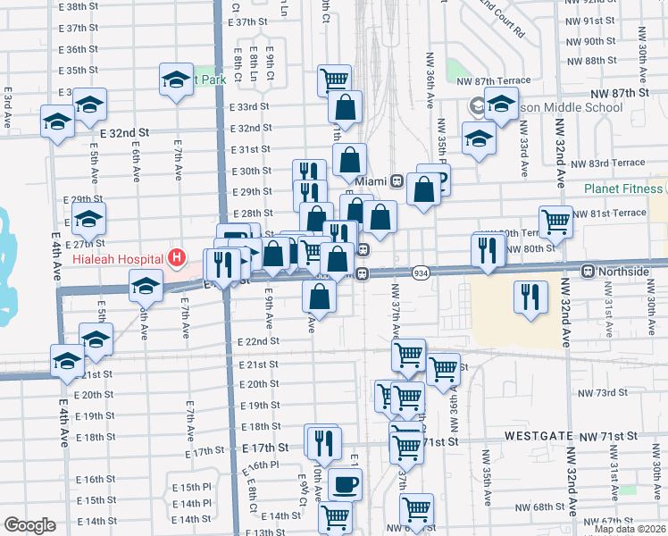 map of restaurants, bars, coffee shops, grocery stores, and more near in Hialeah