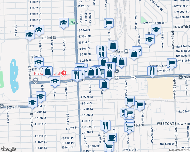 map of restaurants, bars, coffee shops, grocery stores, and more near 934 Northwest 79th Street in Hialeah