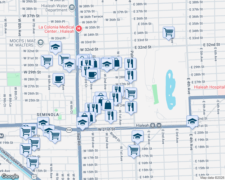 map of restaurants, bars, coffee shops, grocery stores, and more near 111 West 25th Street in Hialeah