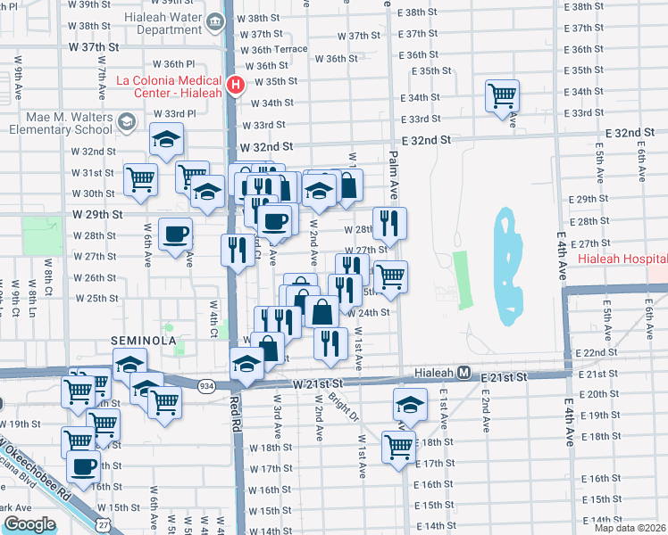 map of restaurants, bars, coffee shops, grocery stores, and more near 2575 West 2nd Avenue in Hialeah