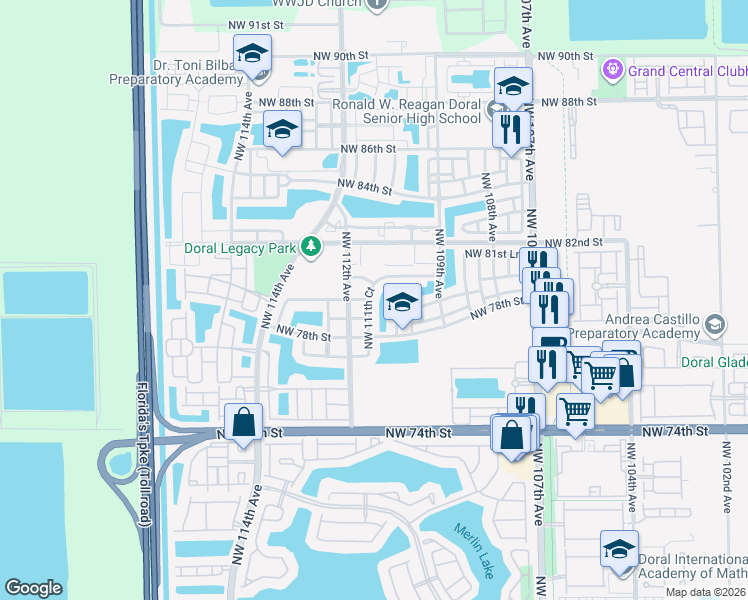 map of restaurants, bars, coffee shops, grocery stores, and more near 7883 Northwest 111th Court in Doral
