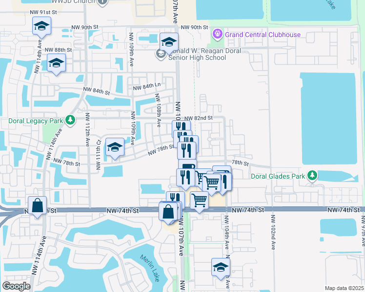 map of restaurants, bars, coffee shops, grocery stores, and more near 7835 Northwest 107th Avenue in Doral
