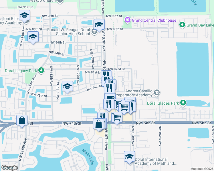 map of restaurants, bars, coffee shops, grocery stores, and more near 7835 Northwest 107th Avenue in Doral