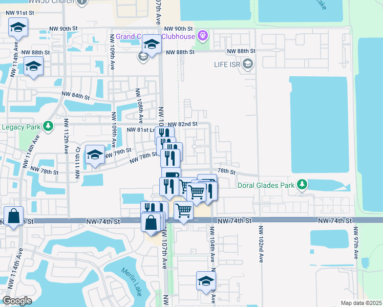map of restaurants, bars, coffee shops, grocery stores, and more near 10569 Northwest 78th Terrace in Doral