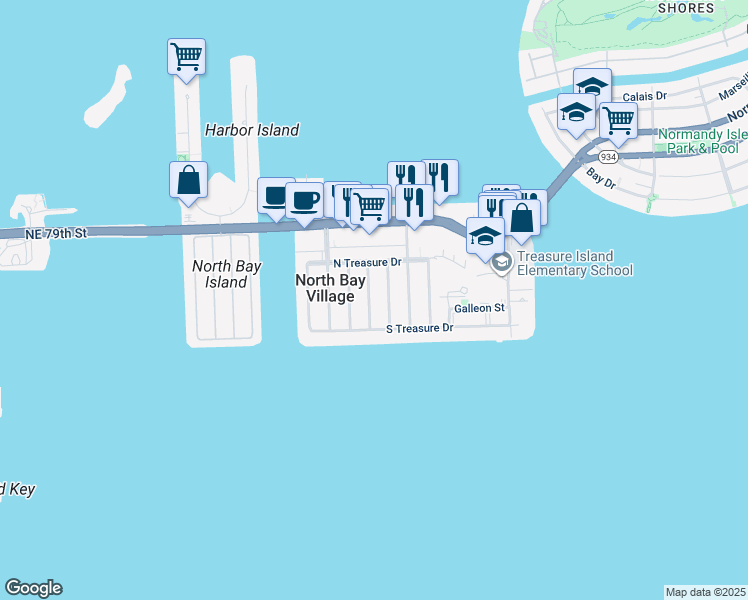 map of restaurants, bars, coffee shops, grocery stores, and more near 7508 Buccaneer Avenue in North Bay Village