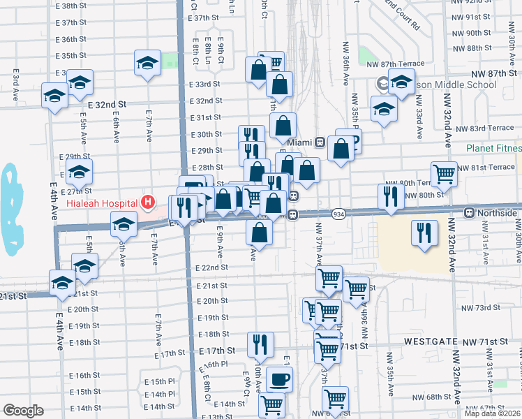 map of restaurants, bars, coffee shops, grocery stores, and more near 1020 East 25th Street in Hialeah