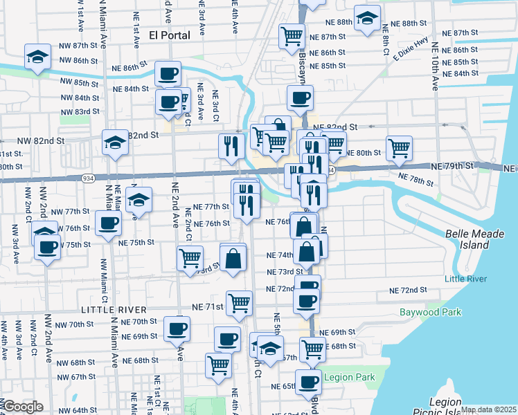 map of restaurants, bars, coffee shops, grocery stores, and more near 436 Northeast 77th Street in Miami