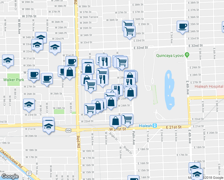 map of restaurants, bars, coffee shops, grocery stores, and more near 104 West 27th Street in Hialeah