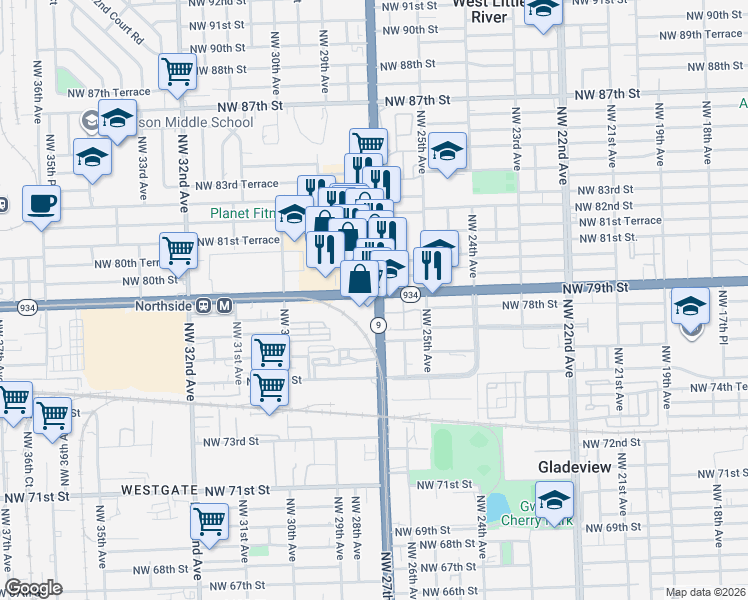map of restaurants, bars, coffee shops, grocery stores, and more near 2700 Northwest 79th Street in Miami