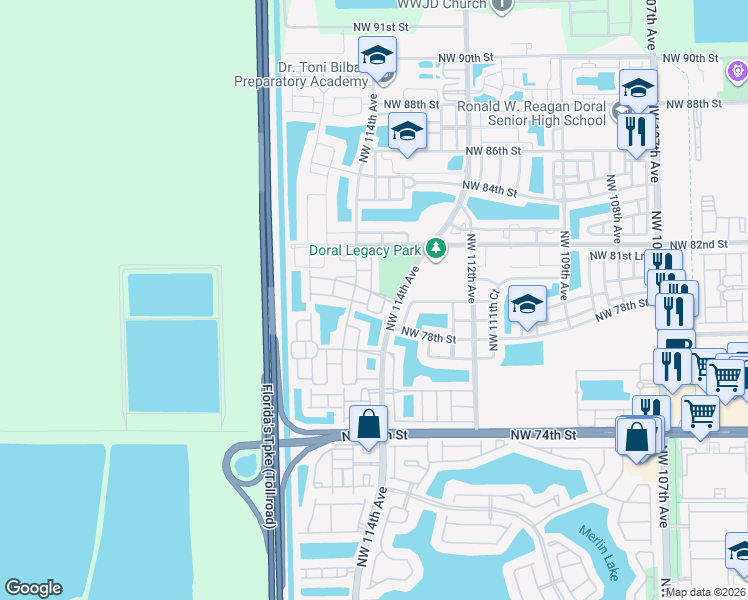 map of restaurants, bars, coffee shops, grocery stores, and more near 8041 Northwest 114th Place in Medley