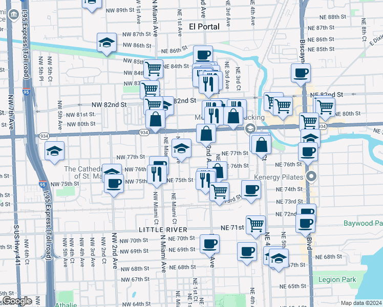 map of restaurants, bars, coffee shops, grocery stores, and more near 155 Northeast 78th Street in Miami