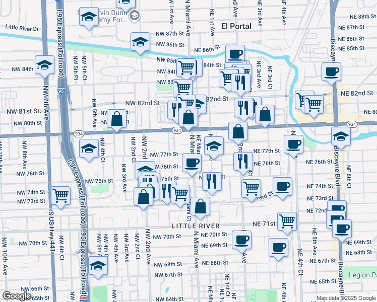 map of restaurants, bars, coffee shops, grocery stores, and more near 25 Northwest 78th Street in Miami