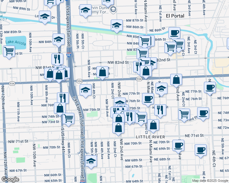map of restaurants, bars, coffee shops, grocery stores, and more near 7748 Northwest 2nd Court in Miami