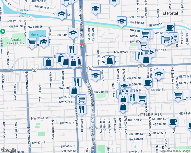 map of restaurants, bars, coffee shops, grocery stores, and more near 7823 Northwest 5 Avenue in El Portal