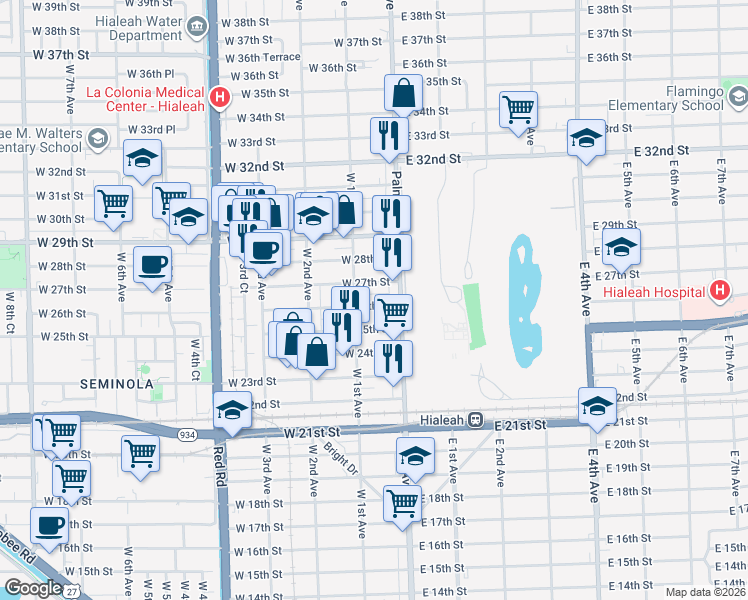 map of restaurants, bars, coffee shops, grocery stores, and more near 38 West 27th Street in Hialeah