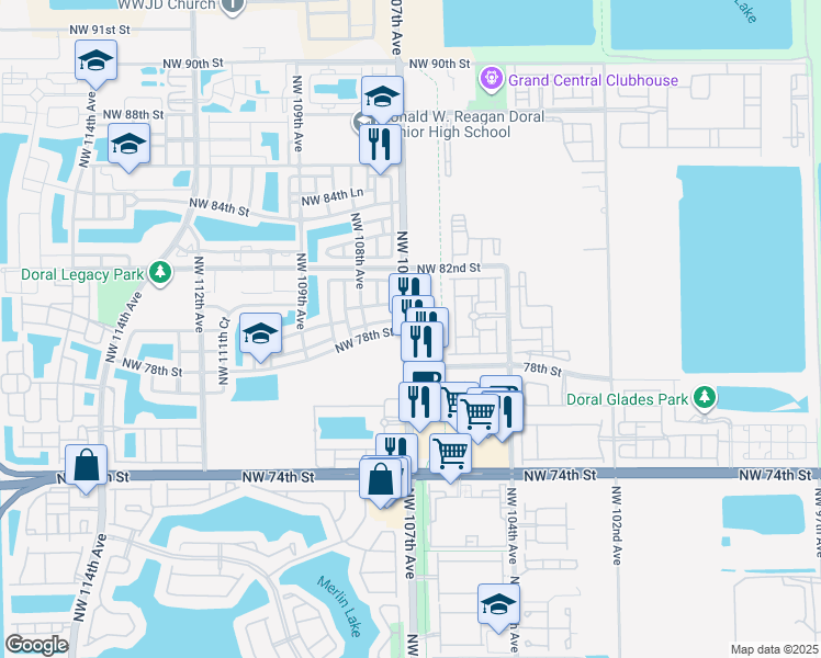 map of restaurants, bars, coffee shops, grocery stores, and more near in Doral