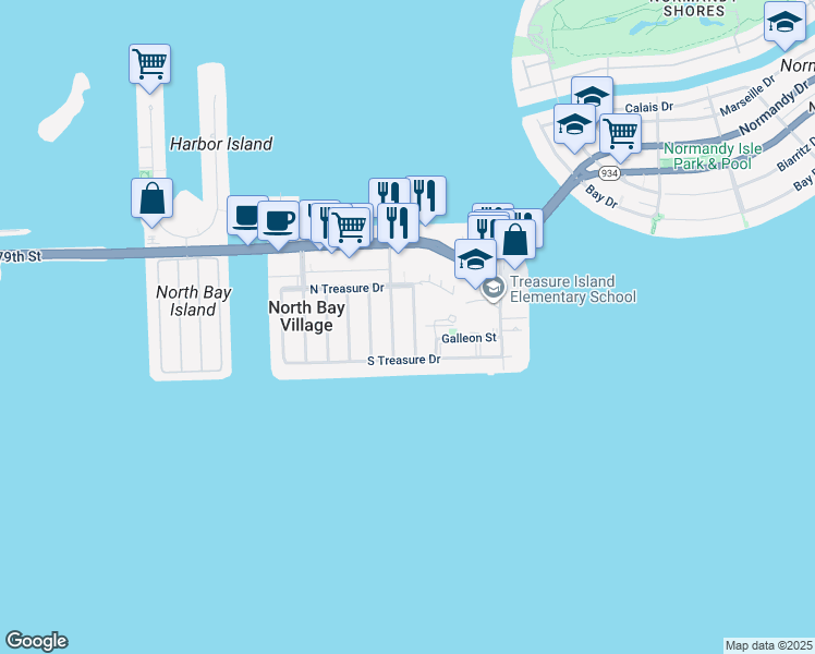 map of restaurants, bars, coffee shops, grocery stores, and more near 7541 Mutiny Avenue in North Bay Village