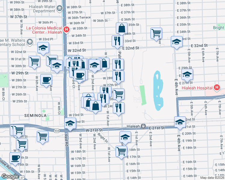 map of restaurants, bars, coffee shops, grocery stores, and more near 38 West 27th Street in Hialeah