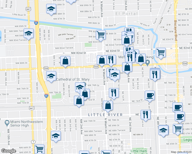 map of restaurants, bars, coffee shops, grocery stores, and more near 77 Northwest 77th Street in Miami