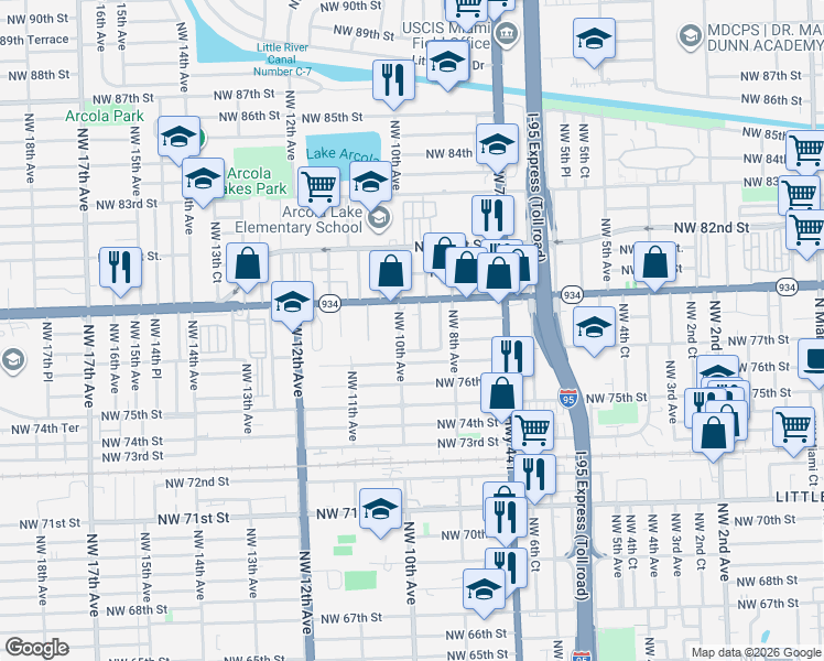 map of restaurants, bars, coffee shops, grocery stores, and more near 7816 Northwest 9th Avenue in Miami