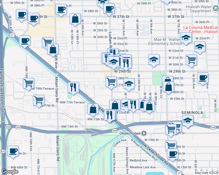 map of restaurants, bars, coffee shops, grocery stores, and more near 17 West 12th Lane in Hialeah