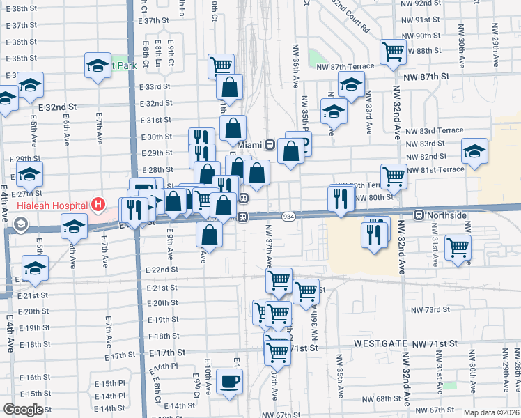 map of restaurants, bars, coffee shops, grocery stores, and more near in Hialeah