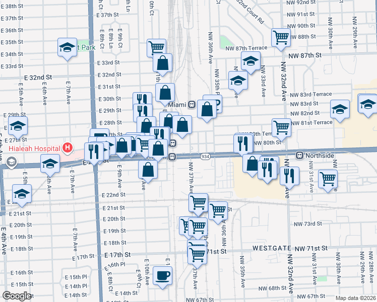 map of restaurants, bars, coffee shops, grocery stores, and more near 7995 Northwest 37th Avenue in Miami