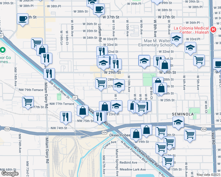 map of restaurants, bars, coffee shops, grocery stores, and more near 1152 West 27th Street in Hialeah