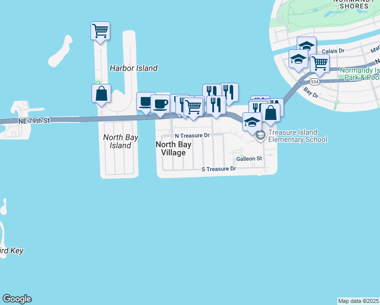 map of restaurants, bars, coffee shops, grocery stores, and more near 7544 Buccaneer Avenue in North Bay Village