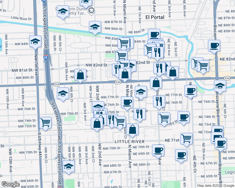 map of restaurants, bars, coffee shops, grocery stores, and more near 25 Northwest 78th Street in Miami