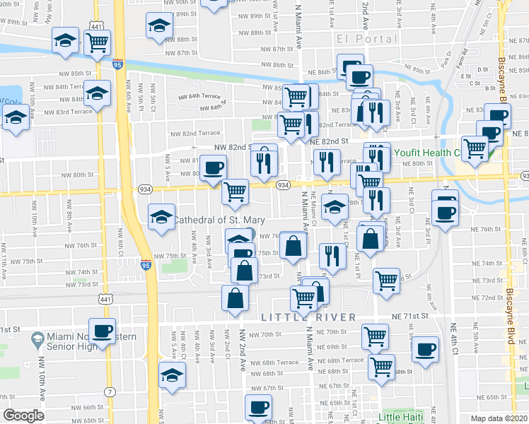 map of restaurants, bars, coffee shops, grocery stores, and more near 7800 Northwest 1st Avenue in Miami