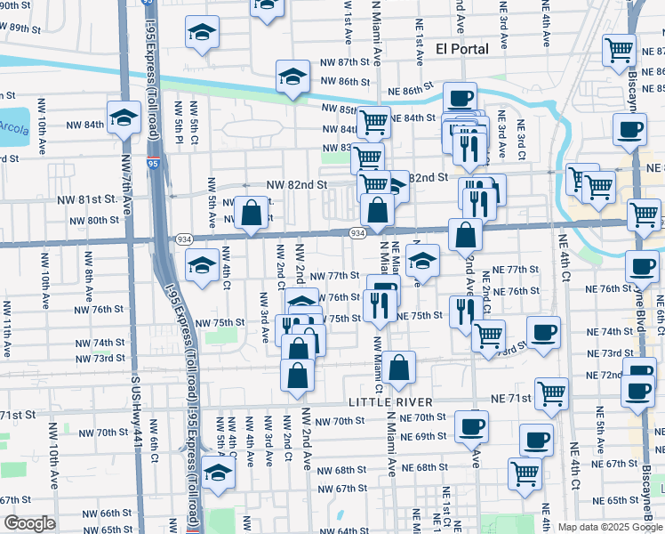 map of restaurants, bars, coffee shops, grocery stores, and more near 7800 Northwest 1st Avenue in Miami