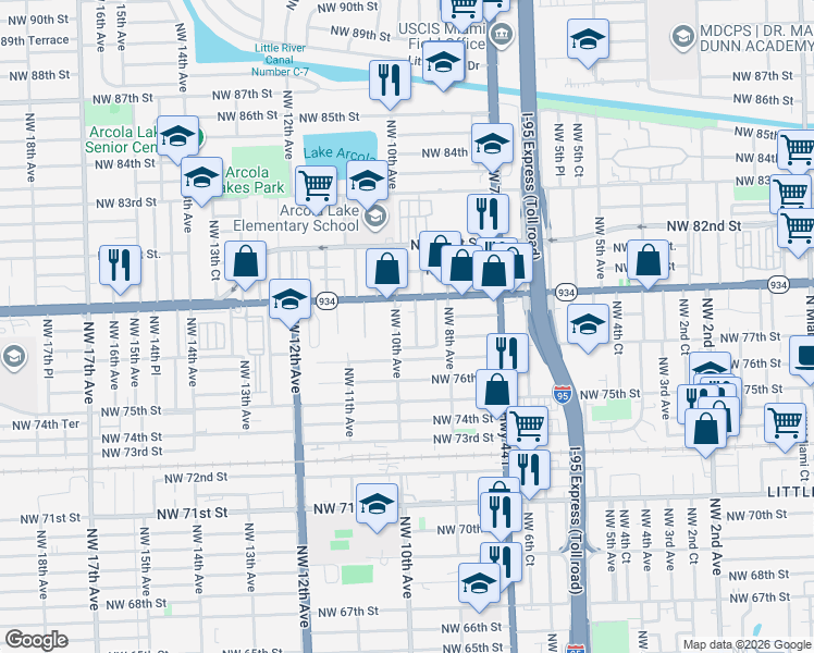 map of restaurants, bars, coffee shops, grocery stores, and more near 7816 Northwest 9th Avenue in Miami
