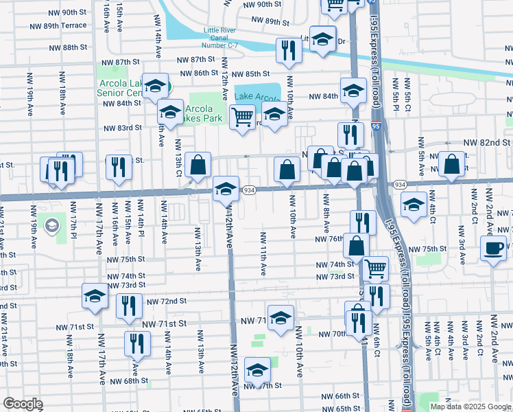 map of restaurants, bars, coffee shops, grocery stores, and more near 1142 Northwest 79th Street in Miami