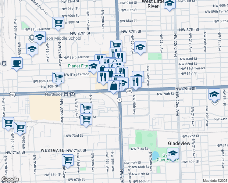 map of restaurants, bars, coffee shops, grocery stores, and more near 7910 Northwest 27th Avenue in Miami