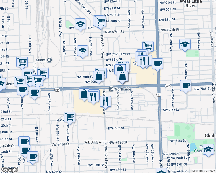 map of restaurants, bars, coffee shops, grocery stores, and more near in West Little River