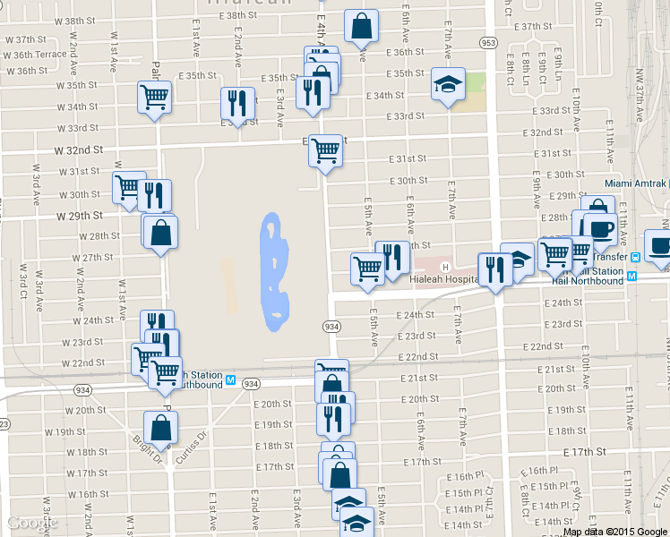 map of restaurants, bars, coffee shops, grocery stores, and more near 416 East 27th Street in Hialeah