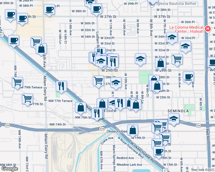map of restaurants, bars, coffee shops, grocery stores, and more near 1165 West 27th Street in Hialeah
