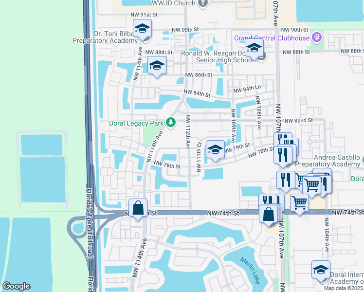 map of restaurants, bars, coffee shops, grocery stores, and more near 11229 Northwest 79th Lane in Medley