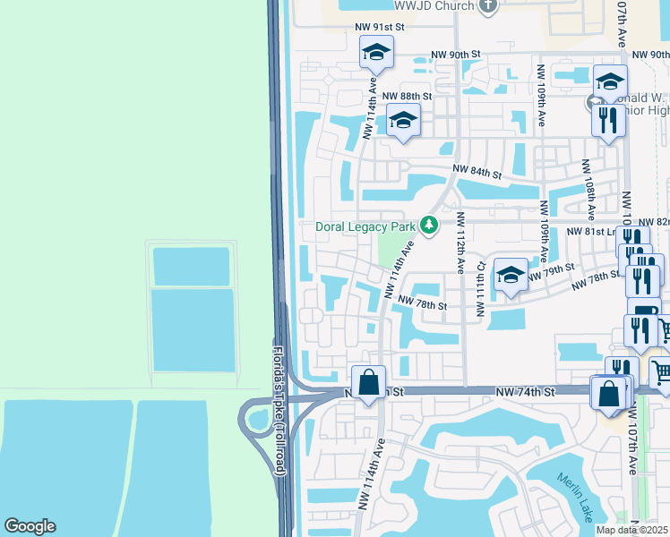 map of restaurants, bars, coffee shops, grocery stores, and more near 11552 Northwest 80th Street in Medley
