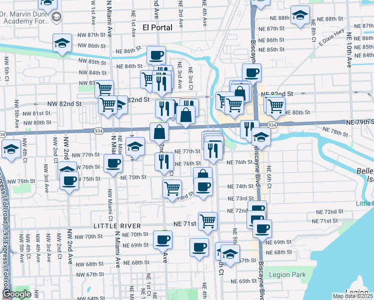 map of restaurants, bars, coffee shops, grocery stores, and more near 7700 Northeast 3rd Court in Miami