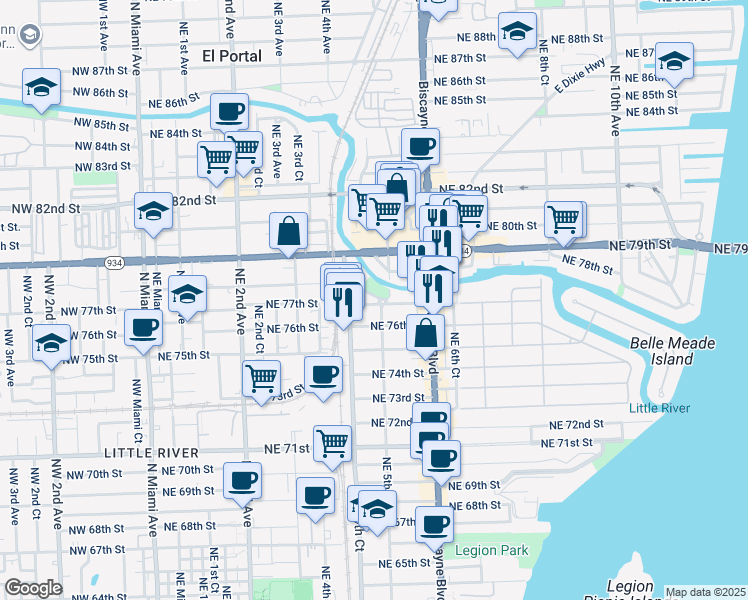 map of restaurants, bars, coffee shops, grocery stores, and more near 457 Northeast 77th Street Road in Miami